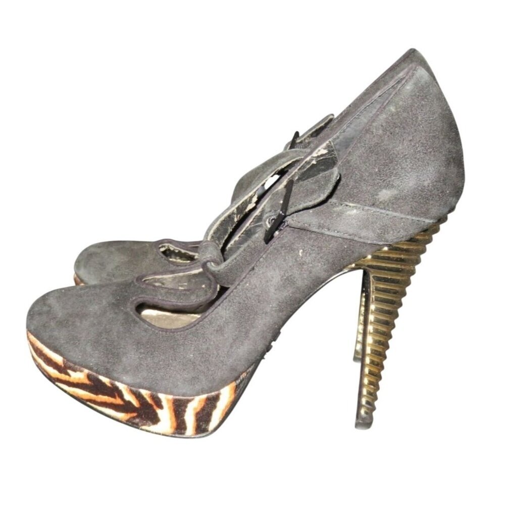 RACHEL ROY Kirstyn Black Suede T-Strap with Tiger Stripe Platform Screw Heels 7